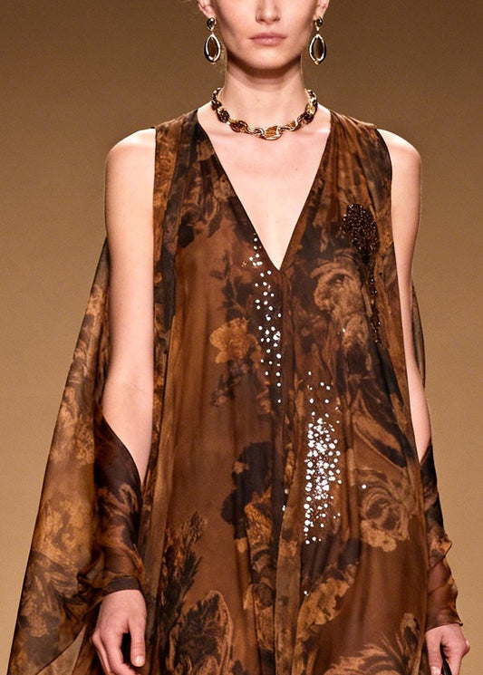 Boutique Brown Print With Rhinestone Silk Robe Dresses Summer