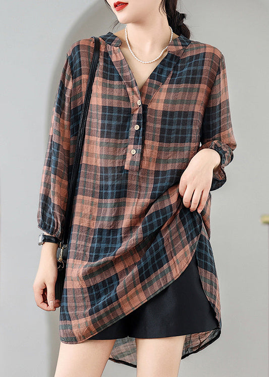 Boutique Brown V Neck Plaid Linen Shirt Dress Summer