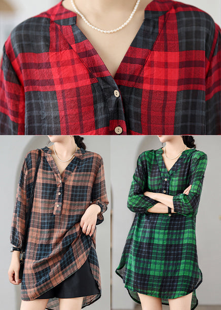 Boutique Brown V Neck Plaid Linen Shirt Dress Summer