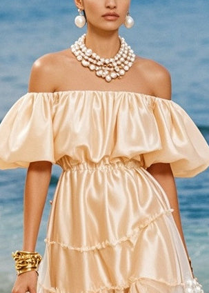 Boutique Champagne Cold Shoulder Silk Robe Dresses Puff Sleeve
