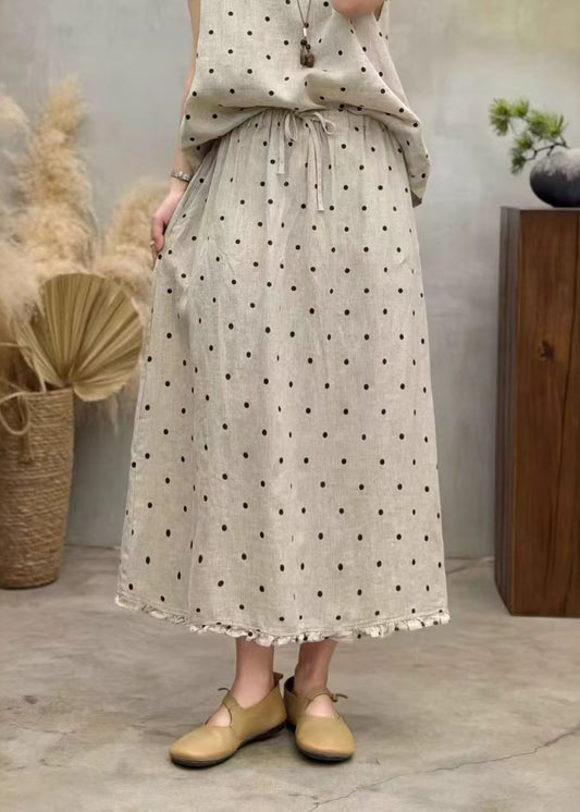 Boutique Coffee Dot Ruffled Pockets Patchwork Linen Skirts Summer