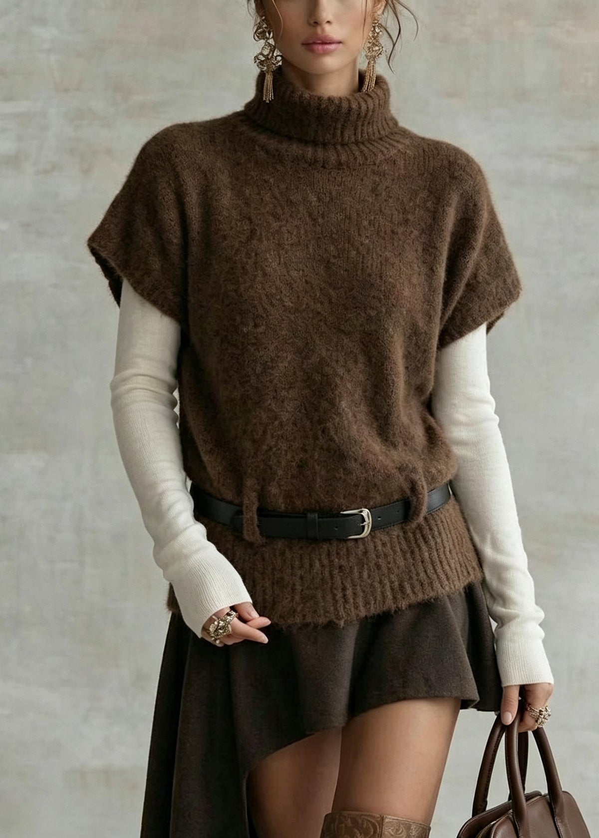 Boutique Coffee Hign Neck Patchwork Knit Vest Top Fall
