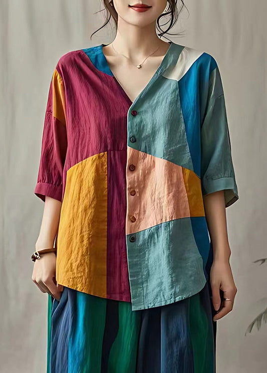 Boutique Colorblock Asymmetrical Patchwork Linen Shirt Tops Summer
