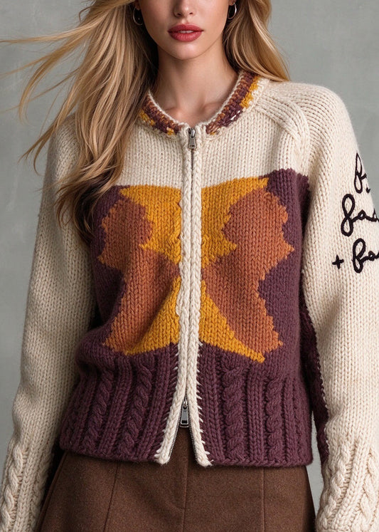 Boutique Colorblock O-Neck Zip Up Patchwork Knit Jacket Fall