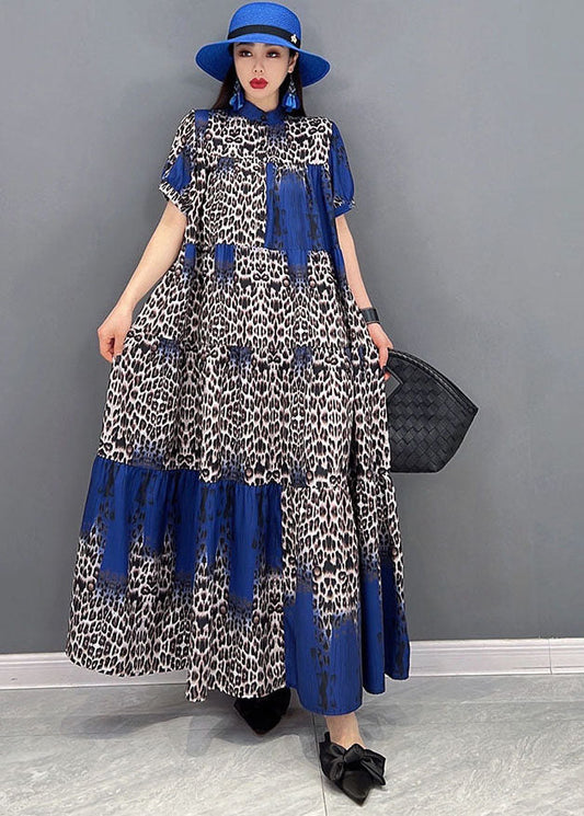 Boutique Colorblock Stand Collar Leopard Print Chiffon Vacation Dresses Short Sleeve