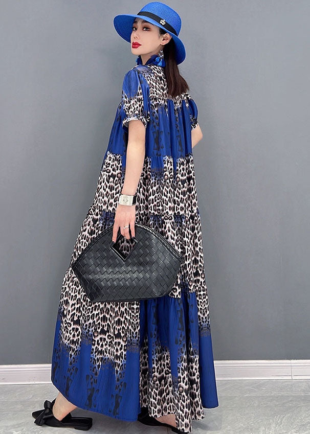 Boutique Colorblock Stand Collar Leopard Print Chiffon Vacation Dresses Short Sleeve