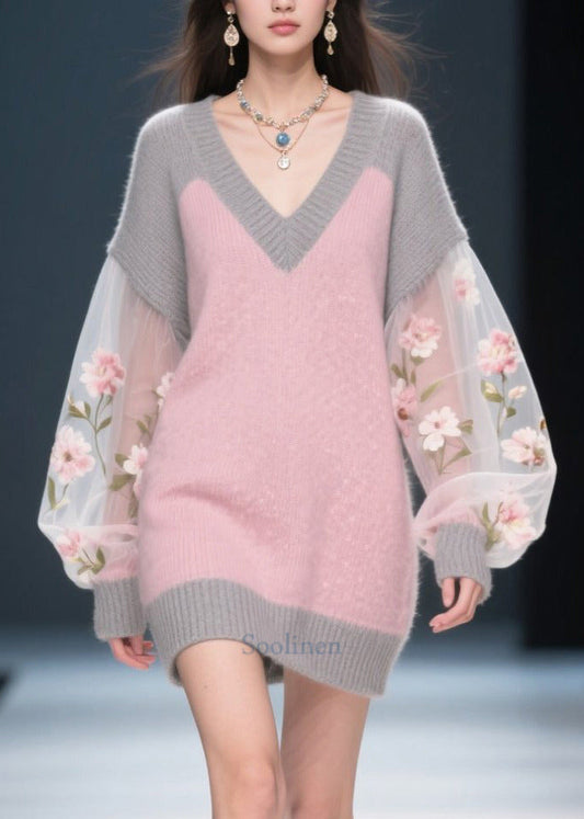 Boutique Colorblock V Neck Patchwork Tulle Knitwear Dress Winter