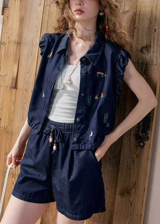 Boutique Dark Blue Peter Pan Collar Denim Shirt And Shorts Two Pieces Set Short Sleeve