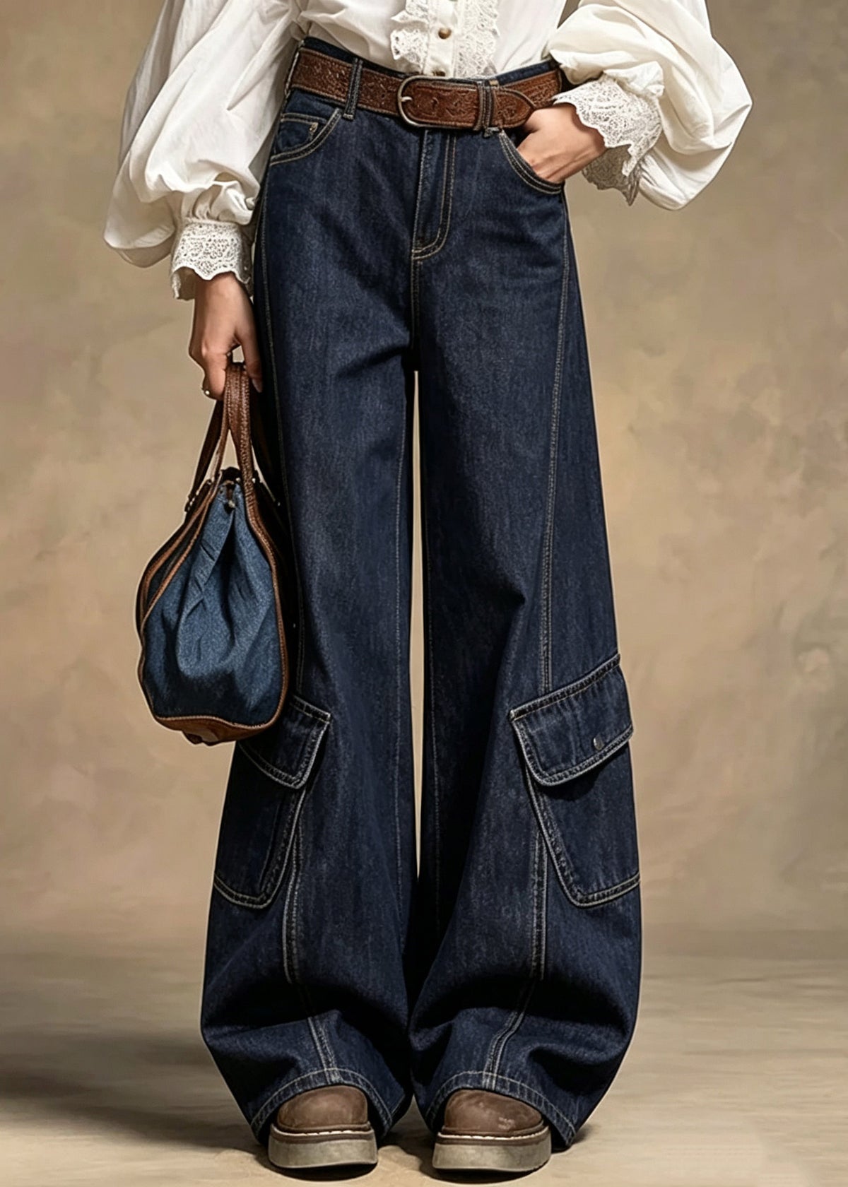 Boutique Dark Blue Pockets Patchwork Jeans Fall