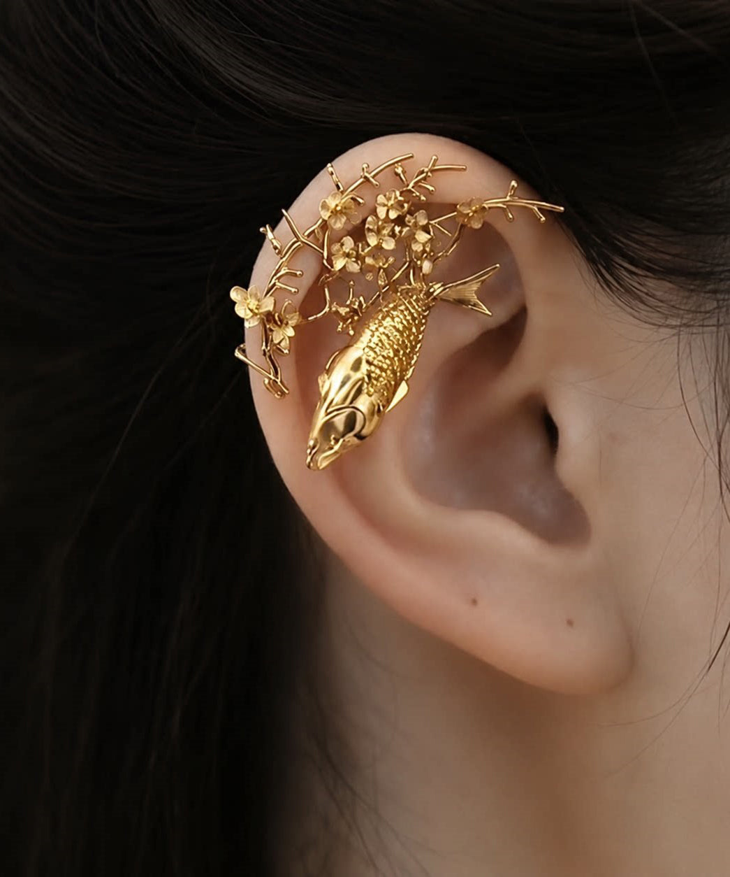 Boutique Gold Sterling Silver Overgild Koi Fish Plum Blossom Single Stud Earrings