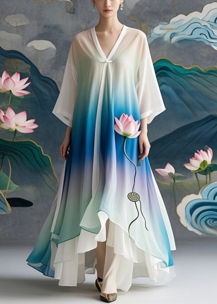 Boutique Gradient Color Lotus Print Chiffon Long Dress Spring
