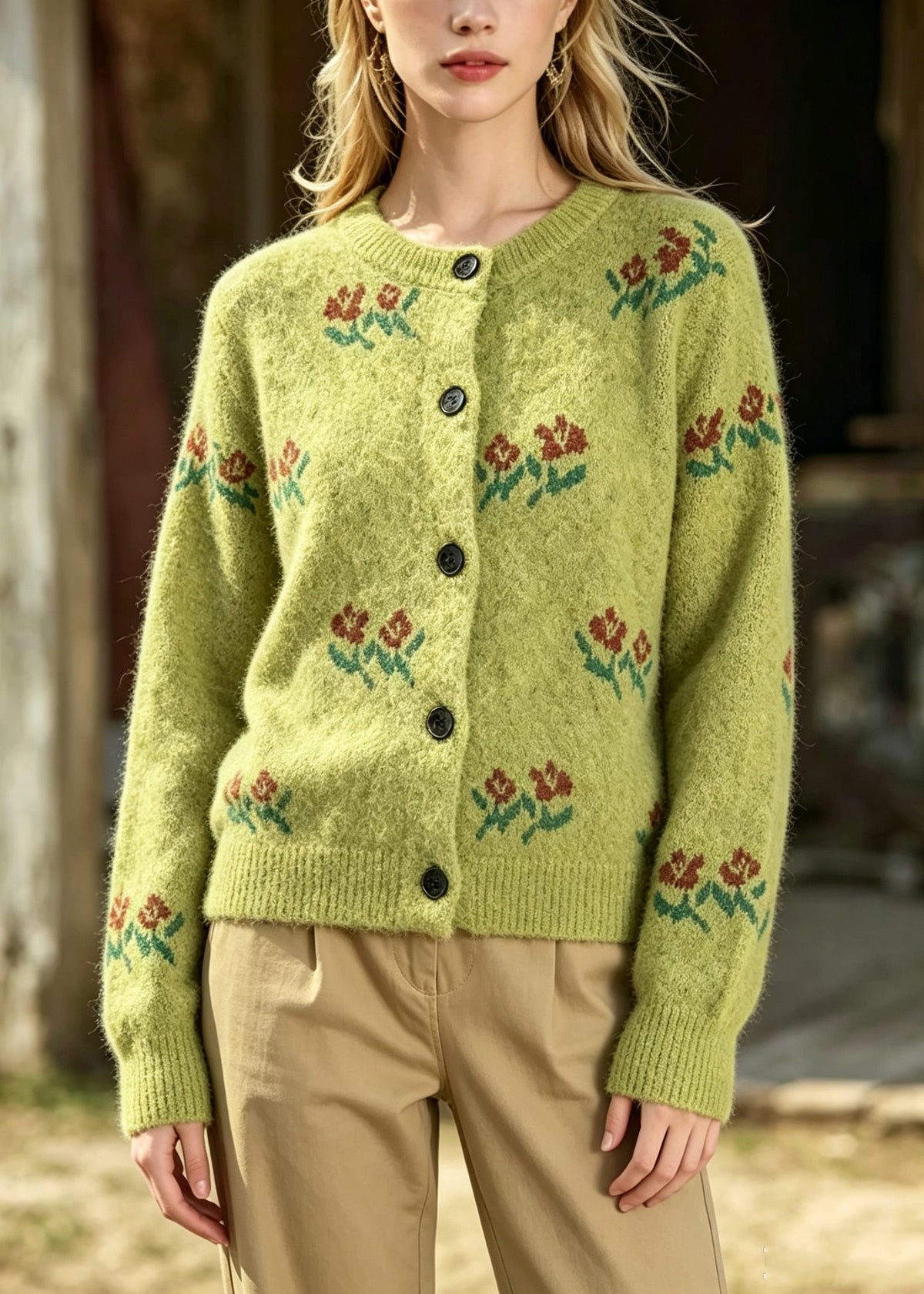 Boutique Green O Neck Button Jacquard Knit Cardigans Fall