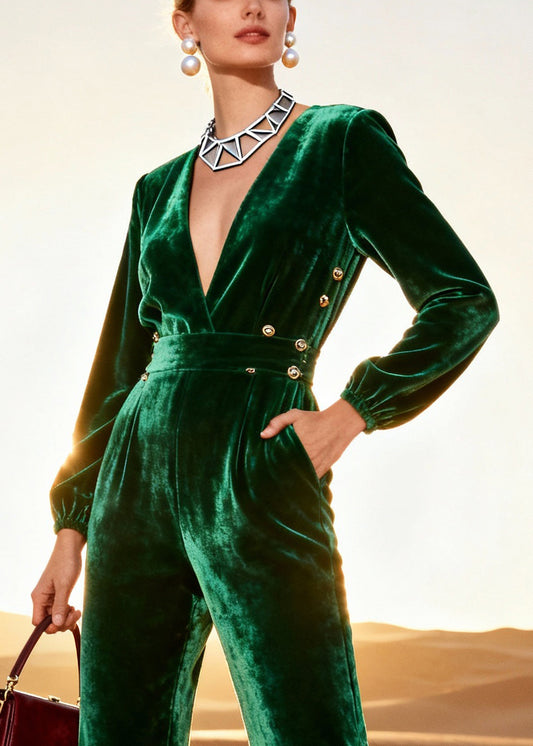 Boutique Green Patchwork Tunic Silk Velvet Jumpsuits Spring