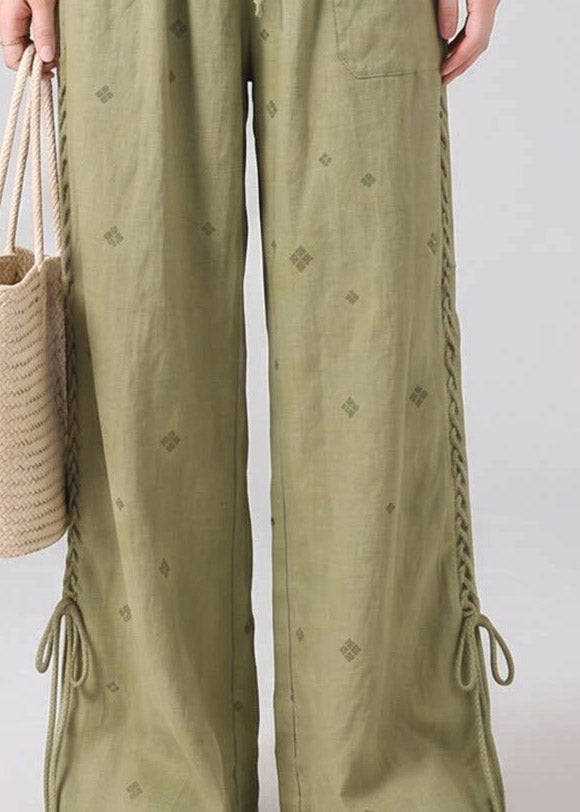 Boutique Green Print Drawstring Tie Waist Wide Leg Pants Fall