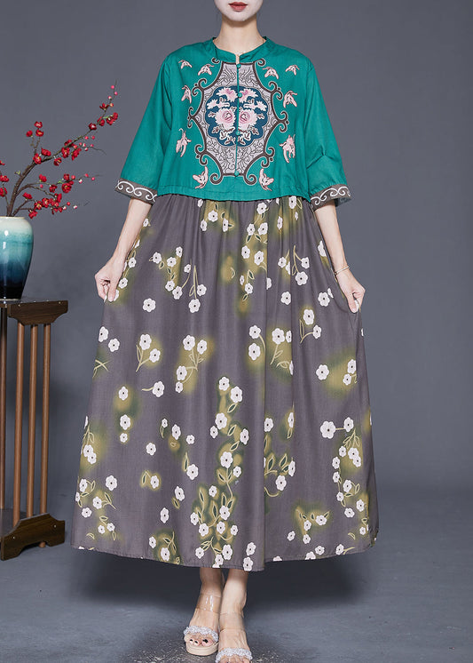 Boutique Green Print Patchwork Fake Two Piece Dress Half Sleeve