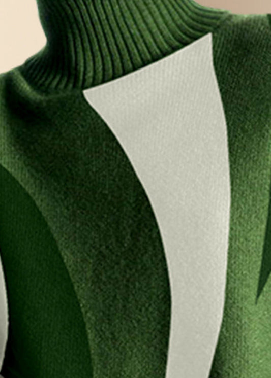 Boutique Green Turtleneck Print Cotton Knitted Sweaters Tops Spring