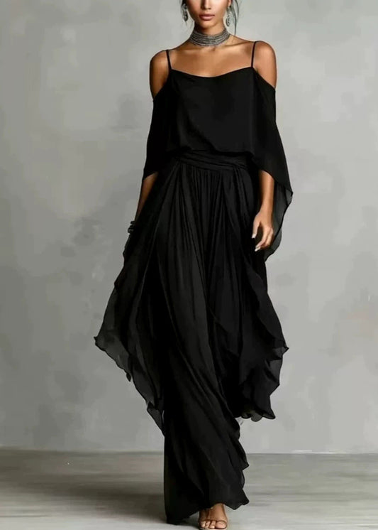Boutique Grey Cold Shoulder Solid Chiffon Top And Wide Leg Pants Two Piece Set Summer
