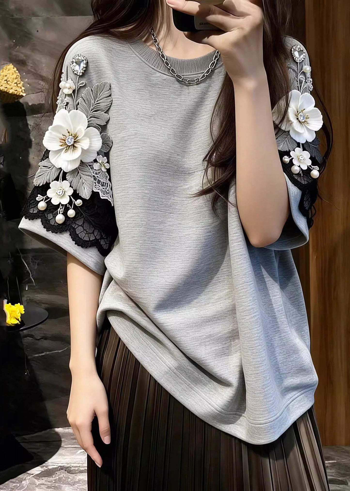 Boutique Grey Floral Nail Bead Tops Short Sleeve