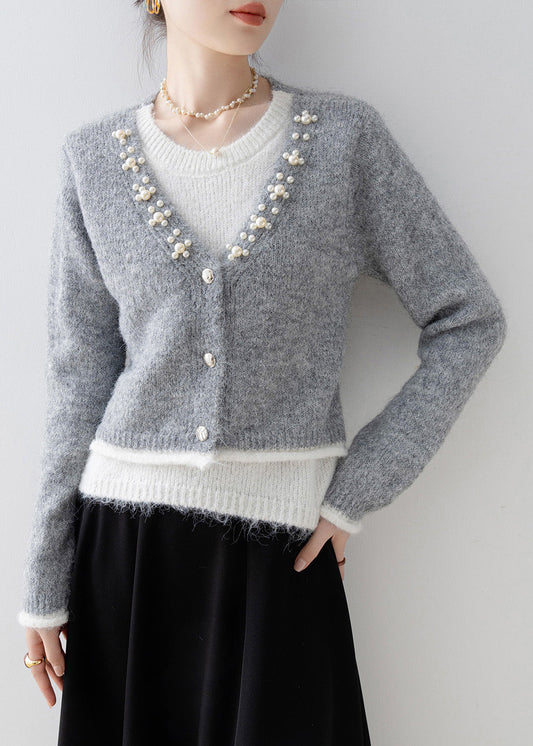 Boutique Grey Nail Bead Patchwork False Two Pieces Knit Sweaters Spring