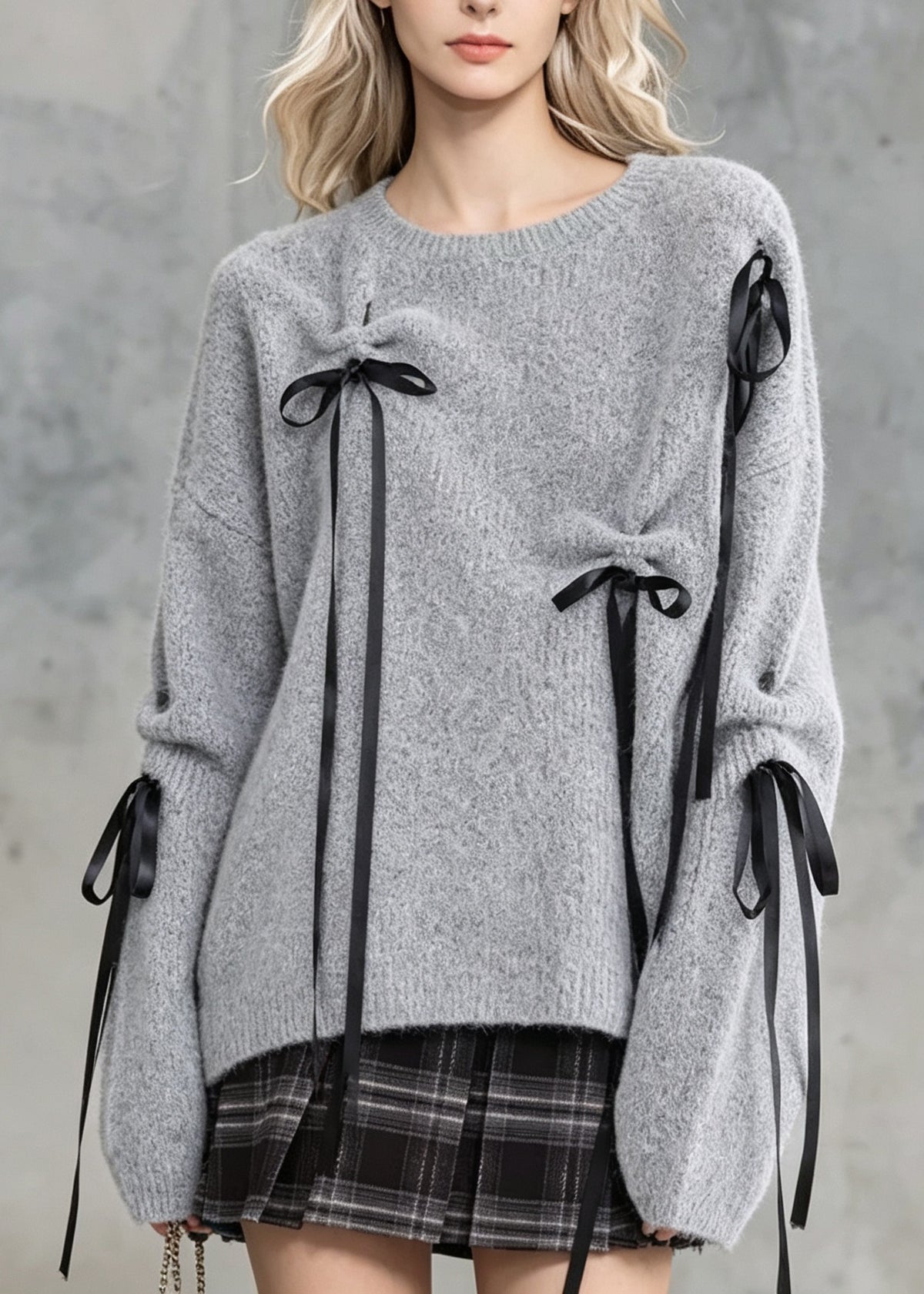 Boutique Grey O Neck Bow Lace Up Knit Sweaters Fall