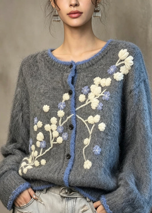 Boutique Grey O Neck Floral Embroidered Knit Coat Fall