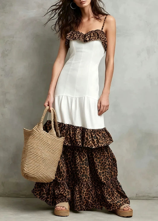 Boutique Grey Ruffled Patchwork Cotton Spaghetti Strap Dress Summer