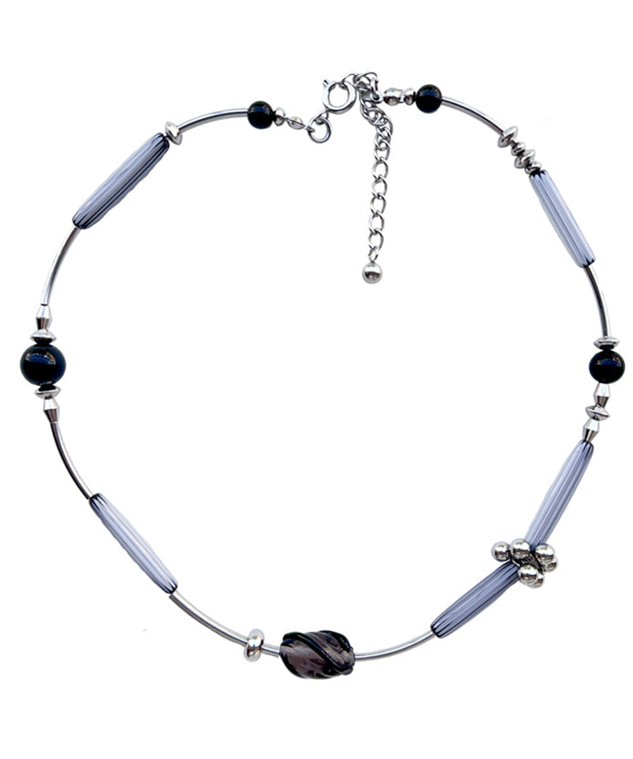 Boutique Grey Stainless Steel Black Agate Glass Pendant Necklace