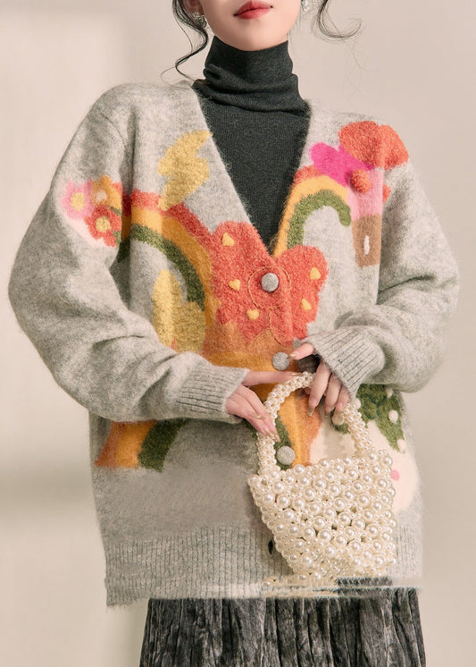 Boutique Grey V Neck Print Cotton Knit Cardigans Spring