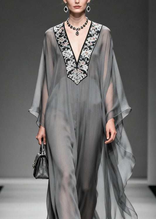 Boutique Grey V Neck Print Patchwork Chiffon Dress Spring