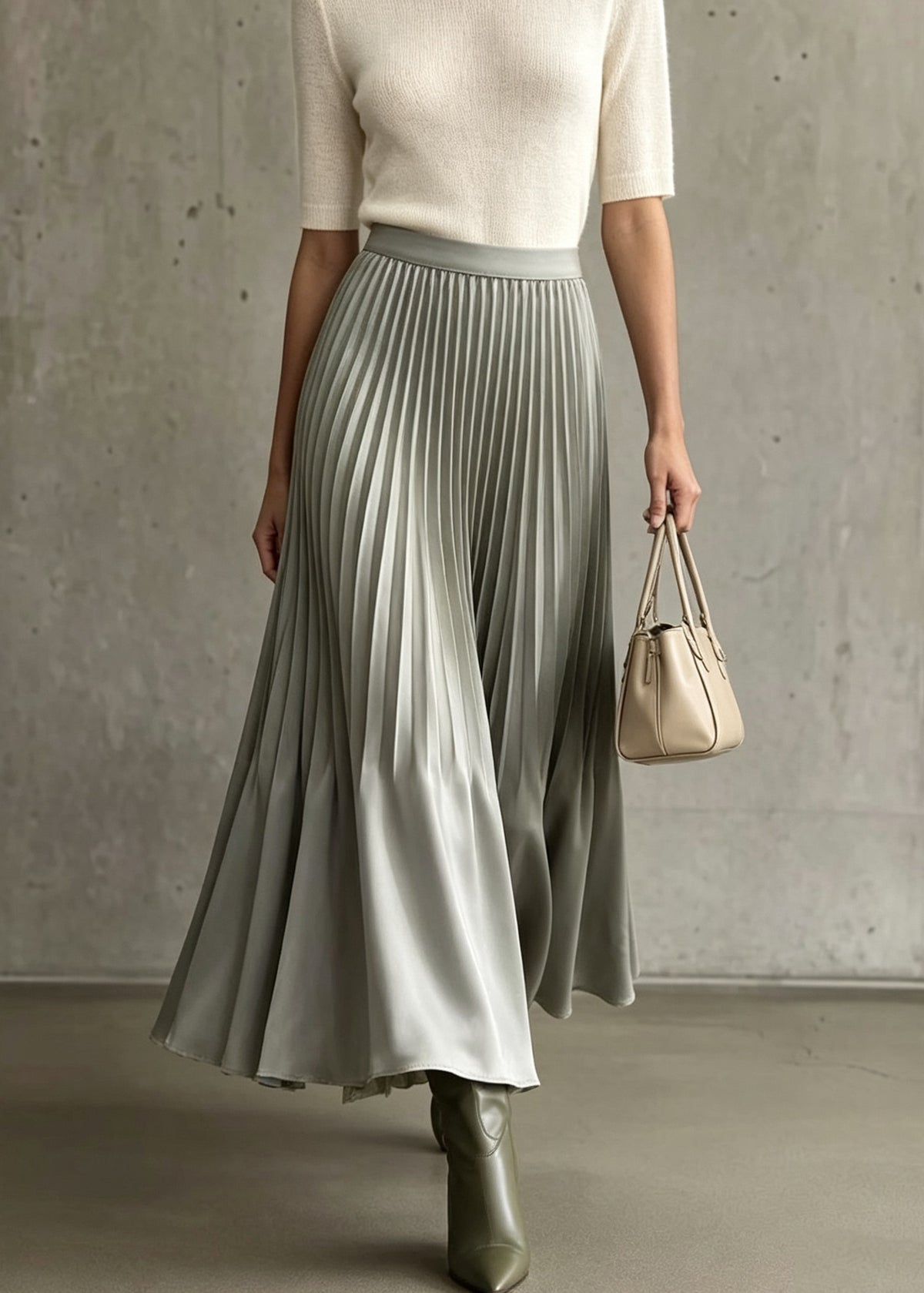 Boutique Grey Wrinkled Patchwork Elastic Waist Silk Skirts Fall