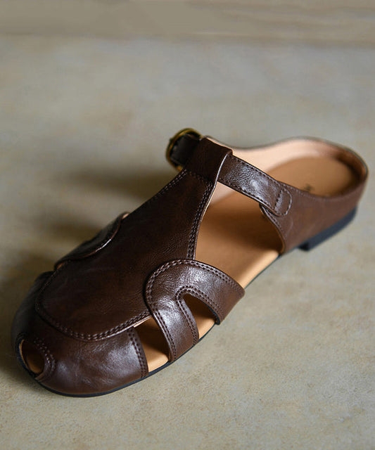 Boutique Hollow Out Chocolate Cowhide Leather Slide Sandals