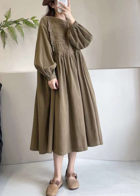 Boutique Khaki Embroidered Corduroy Maxi Dress Spring