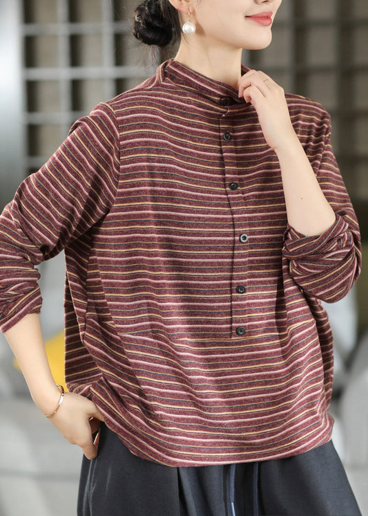 Boutique Khaki High Neck Striped Cashmere Top Fall