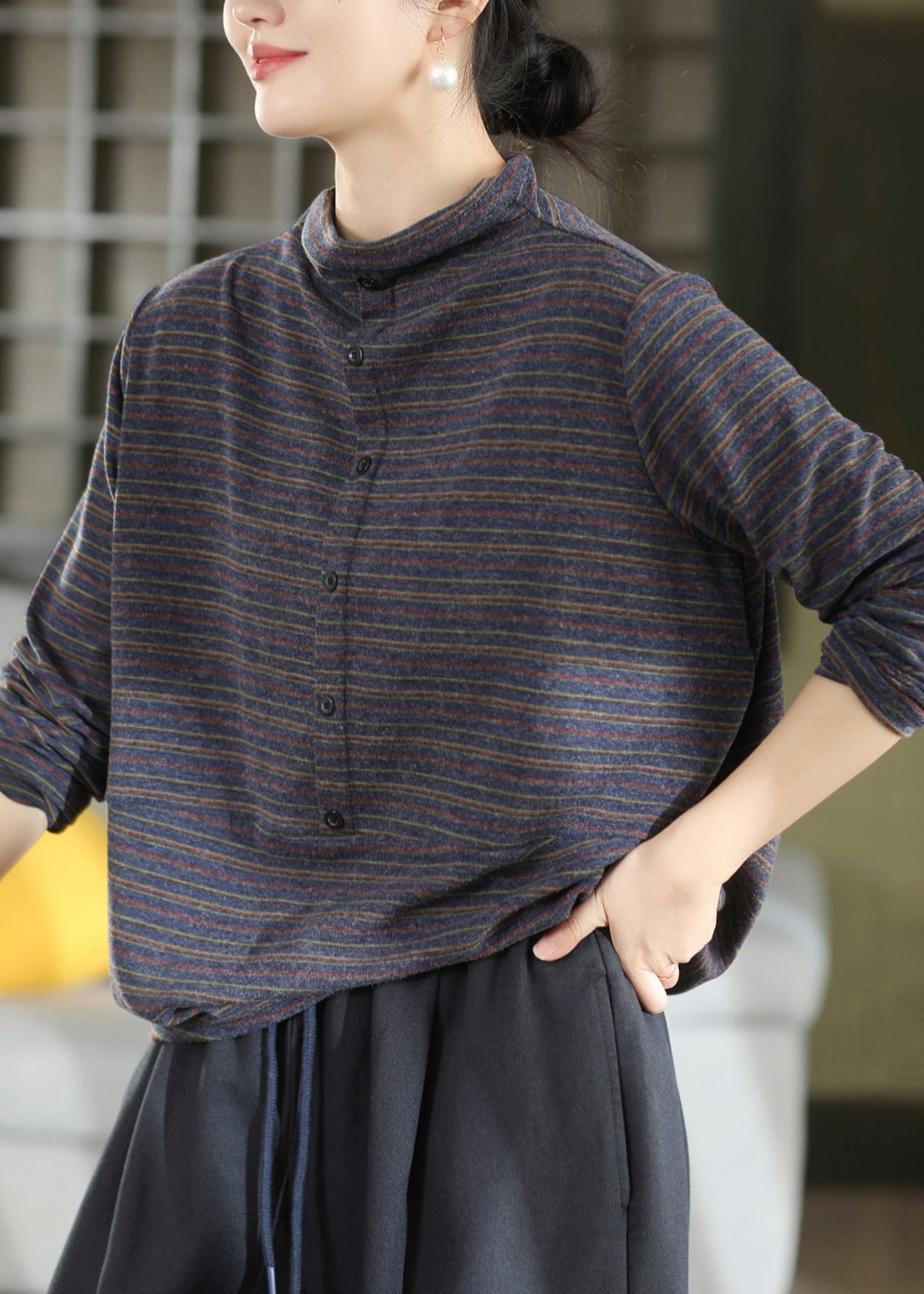 Boutique Khaki High Neck Striped Cashmere Top Fall