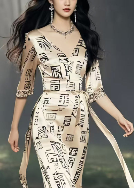 Boutique Khaki Tie Waist Print Silk Long Dresses Half Sleeve