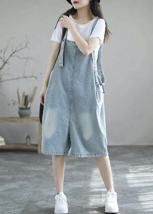 Boutique Light Blue Pockets Denim Half Jumpsuits Summer
