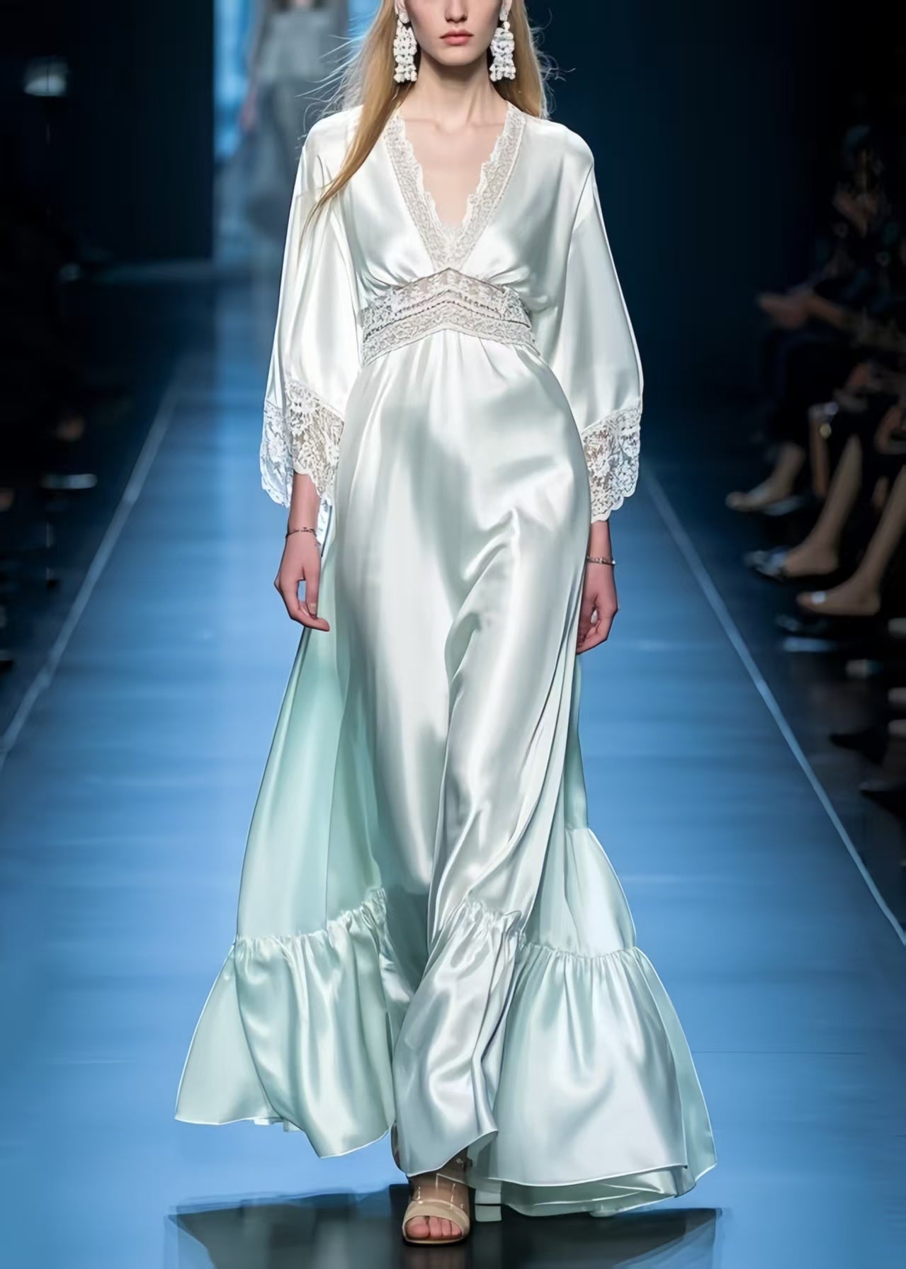 Boutique Light Green Patchwork Lace Exra Large Hem Maxi Dresses