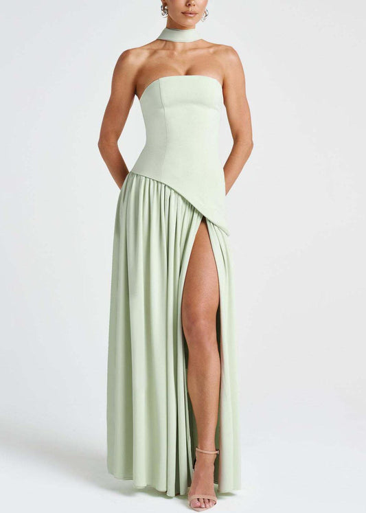 Boutique Light Green Side Open Scarf Strapless Dresses Summer