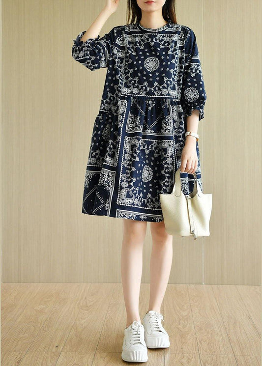Boutique Navy Loose O-Neck Print Summer Cotton Dress Half Sleeve - SooLinen