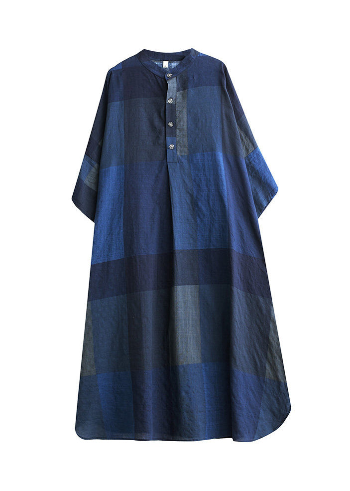 Boutique Navy Plaid Stand Collar Cotton Long Dress Fall