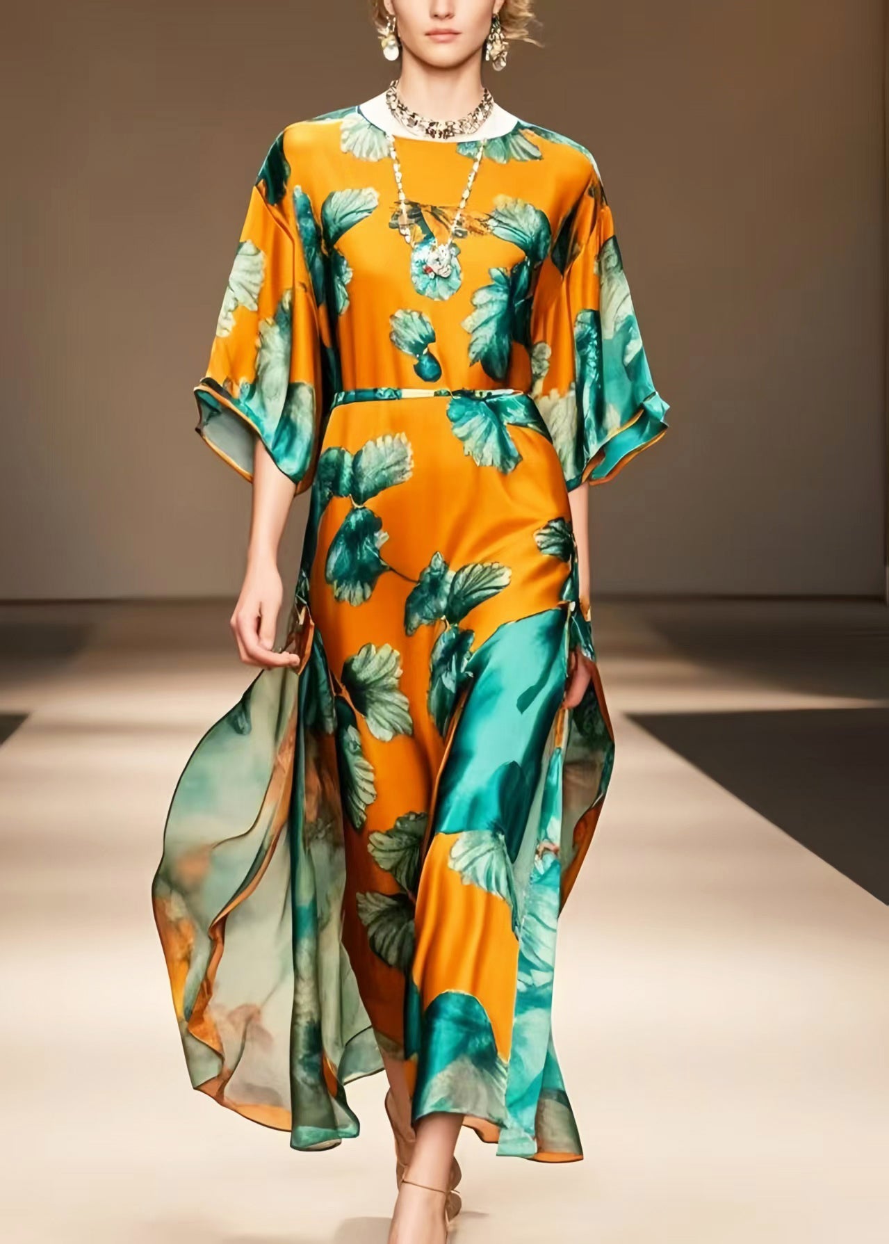 Boutique Orange Print Draping Silk Long Dress Summer