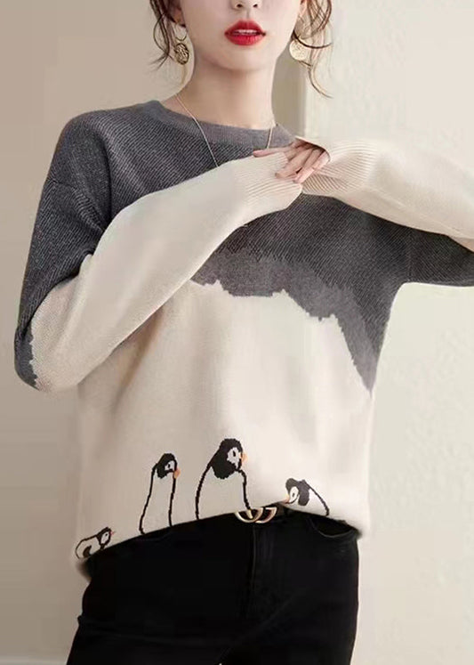 Boutique Photo Color O-Neck Print Cotton Knit Sweaters Fall