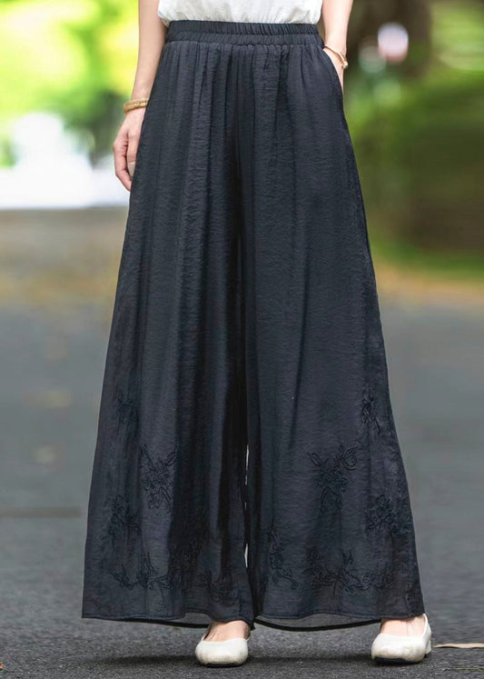 Boutique Pink Embroidered Pockets Elastic Waist Silk Pants Fall