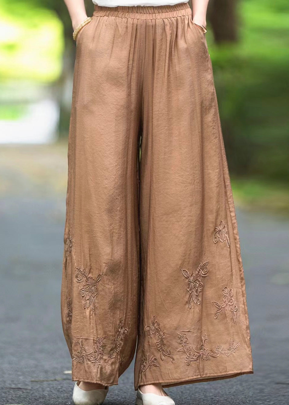 Boutique Pink Embroidered Pockets Elastic Waist Silk Pants Fall