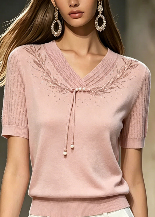 Boutique Pink Embroidered Zircon Thin Knit T Shirt Top Summer