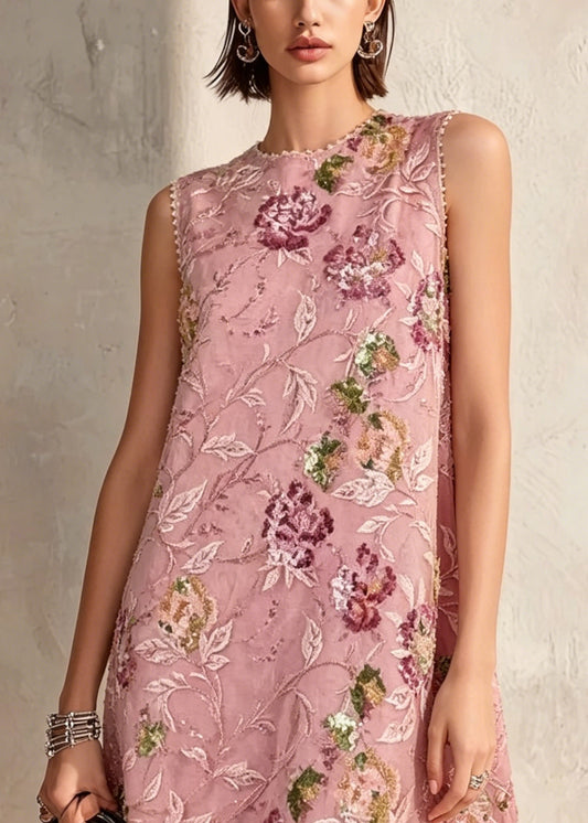 Boutique Pink O-Neck Embroidered Sequins Mid Dress Sleeveless