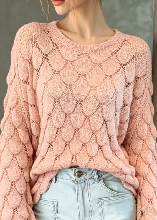 Boutique Pink O Neck Knit Sweater Tops Flare Sleeve