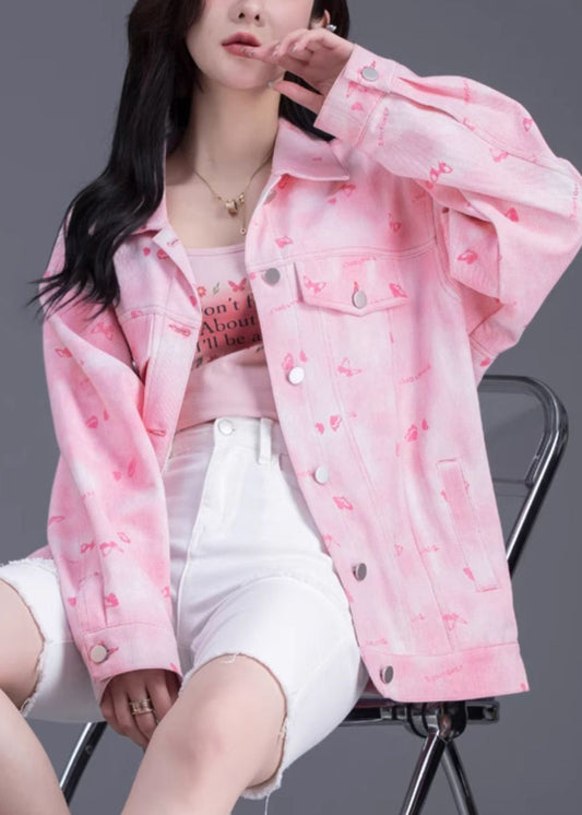 Boutique Pink Oversized Floral Denim Jackets Spring