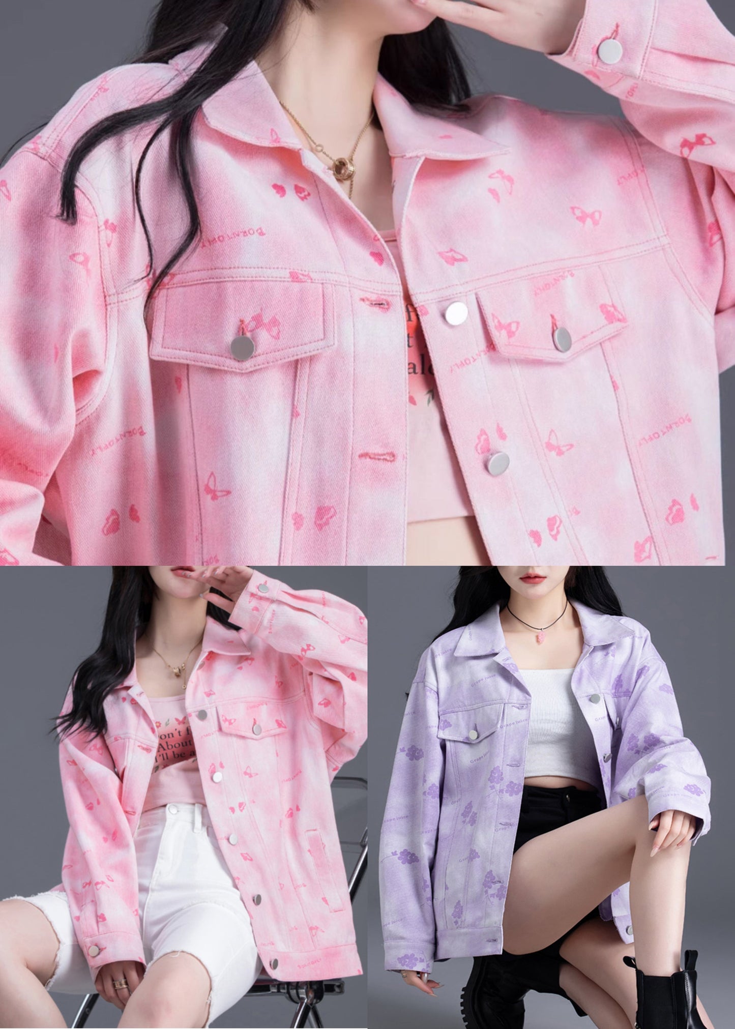 Boutique Pink Oversized Floral Denim Jackets Spring