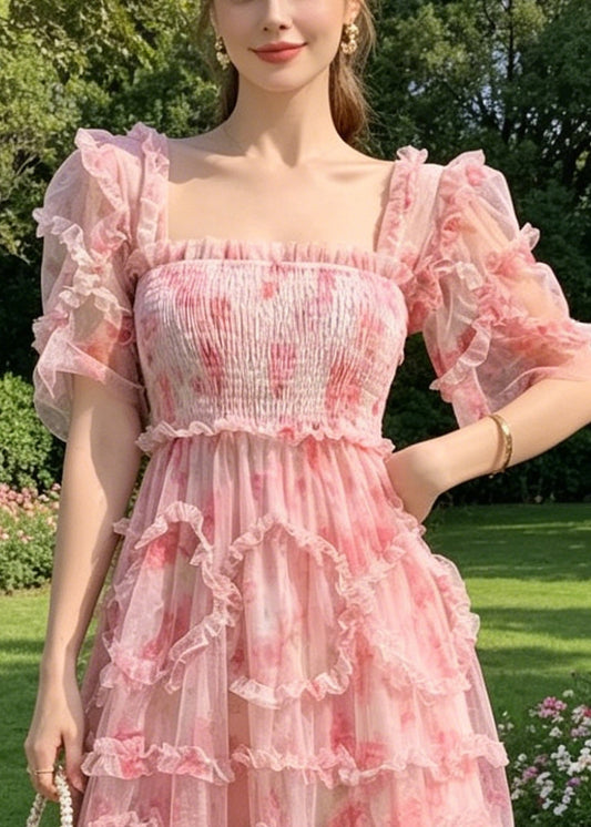 Boutique Pink Ruffled Print Chiffon Vacation Dresses Summer